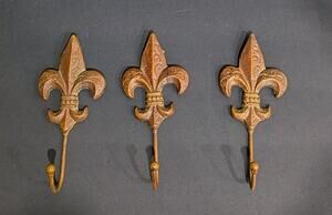 Set of 3 Cast Iron Fleur De Lis Double Wall Hooks Hangers Patina Gothic Revival